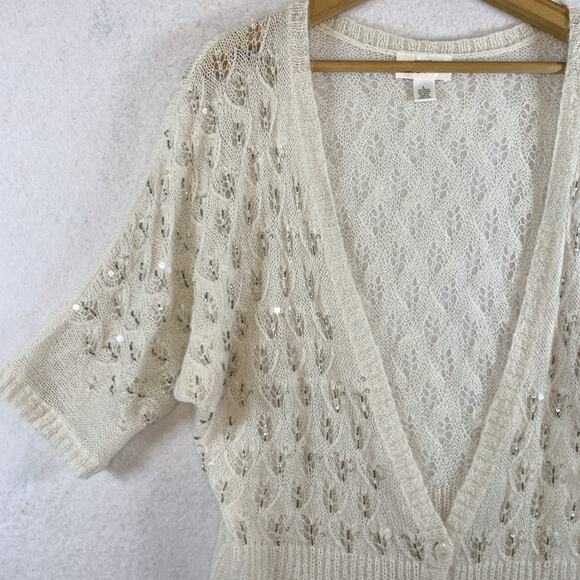 Ann Taylor Womens Open Knit Mohair Wool Top Sz L Ivory Beaded Sequin Balletcore - Picture 3 of 14